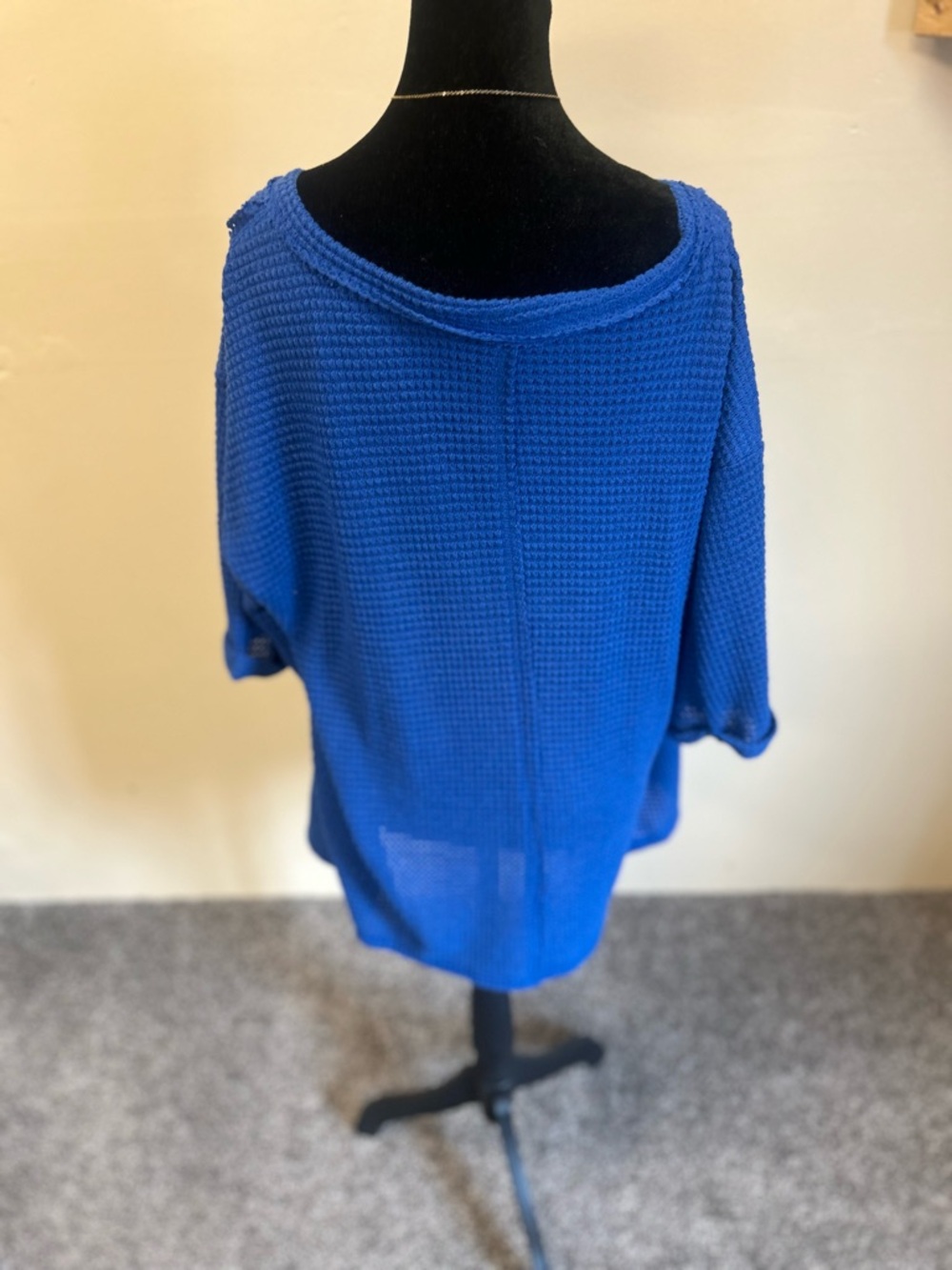 Zenana Blue Waffle Knit V-Neck Top - Picture 3 of 7